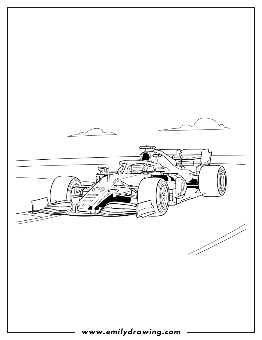 Printable line art of ferrari F1 Sf 23 On Race Track, cornering, from a front-right view