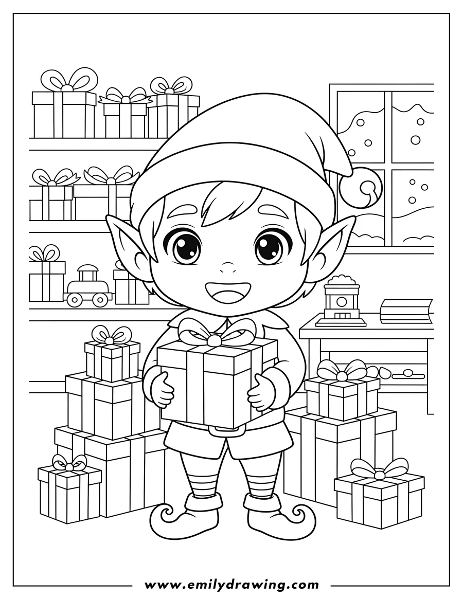 Clean line drawing: festive Chibi Elf smiling and holding a present, surrounded by stacked gifts in a Christmas workshop