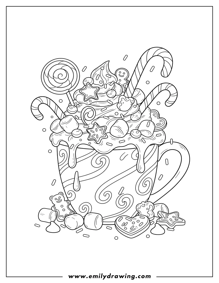 Free printable coloring sheet of festive Cup Hot Chocolate overflowing with whipped cream and marshmallows, with lots of sweets