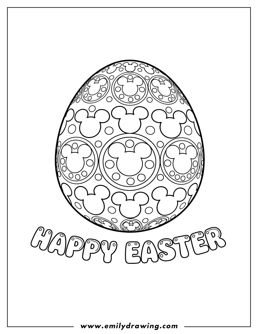 Free printable coloring sheet of festive Easter Egg With Mickey Mouse Ears Pattern and Happy Easter text below it