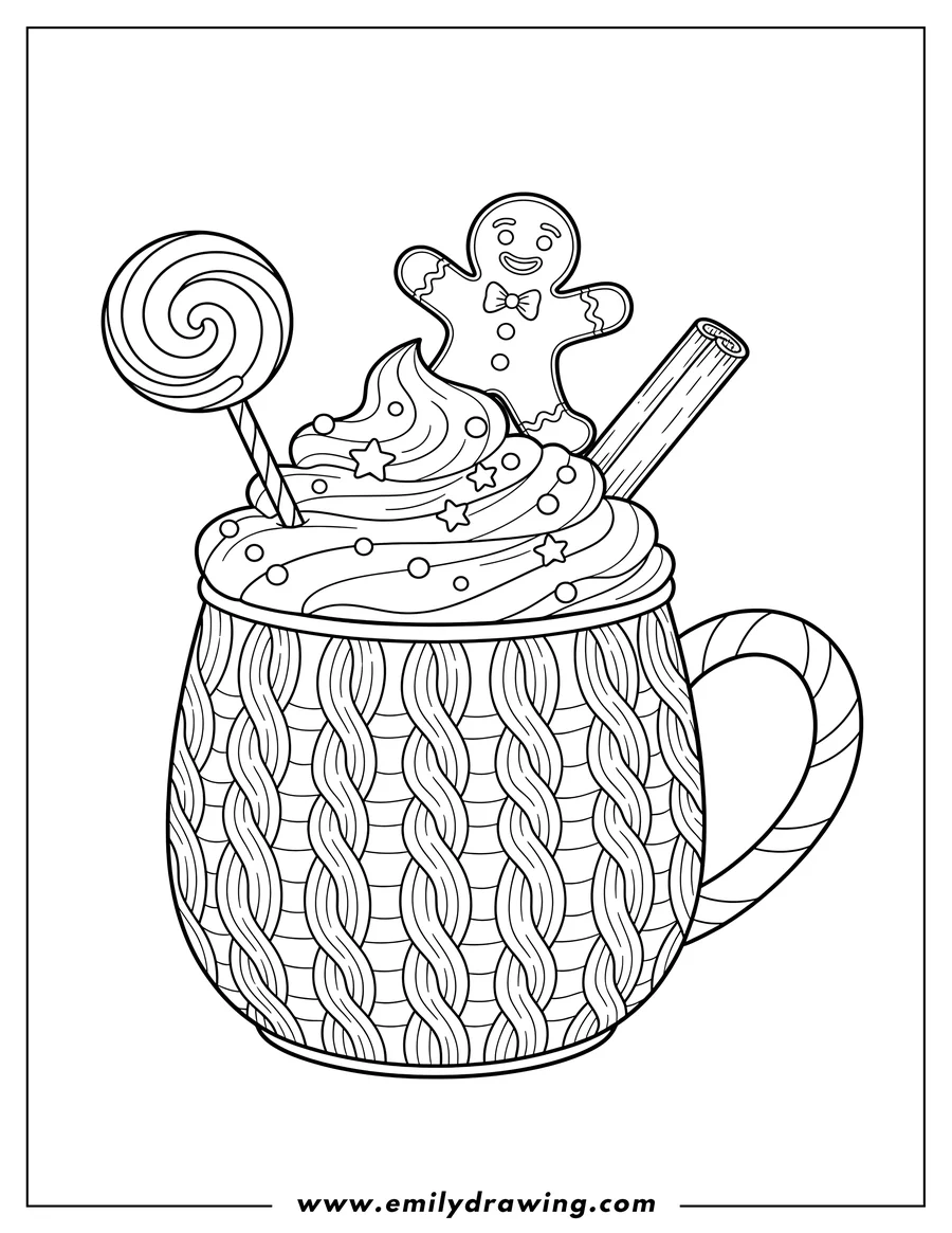 Coloring page of festive Hot Chocolate Mug with knitted texture, whipped cream and sprinkles, a lollipop, candy cane, cinnamon stick, and a smiling gingerbread man
