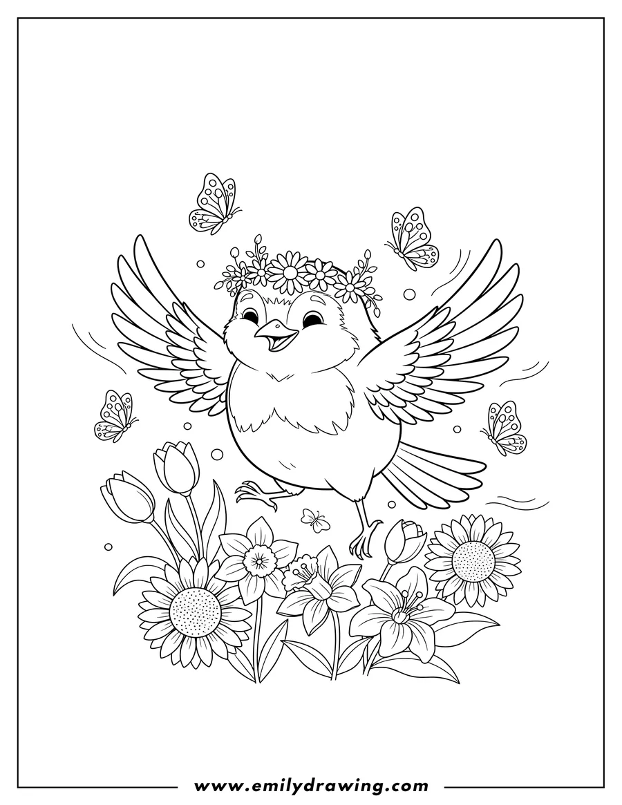 Doodle style coloring picture of festive Spring Robin wearing a flower crown with wings spread, dancing among flowers and flying butterflies