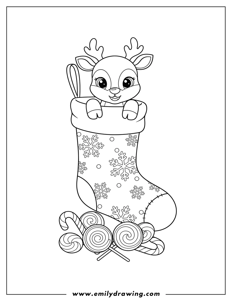 Clean line drawing: festive Christmas Stocking with Snowflake Patterns, a cute Reindeer peeking out, Lollipops, and Candy Cane