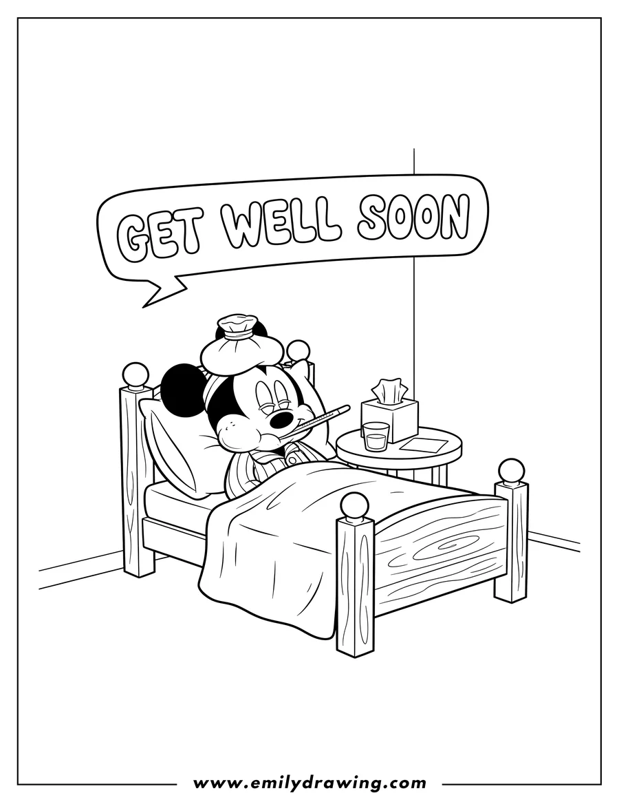 Free to print drawing of feverish Mickey Mouse in bed with an ice pack and thermometer, 'Get Well Soon' message