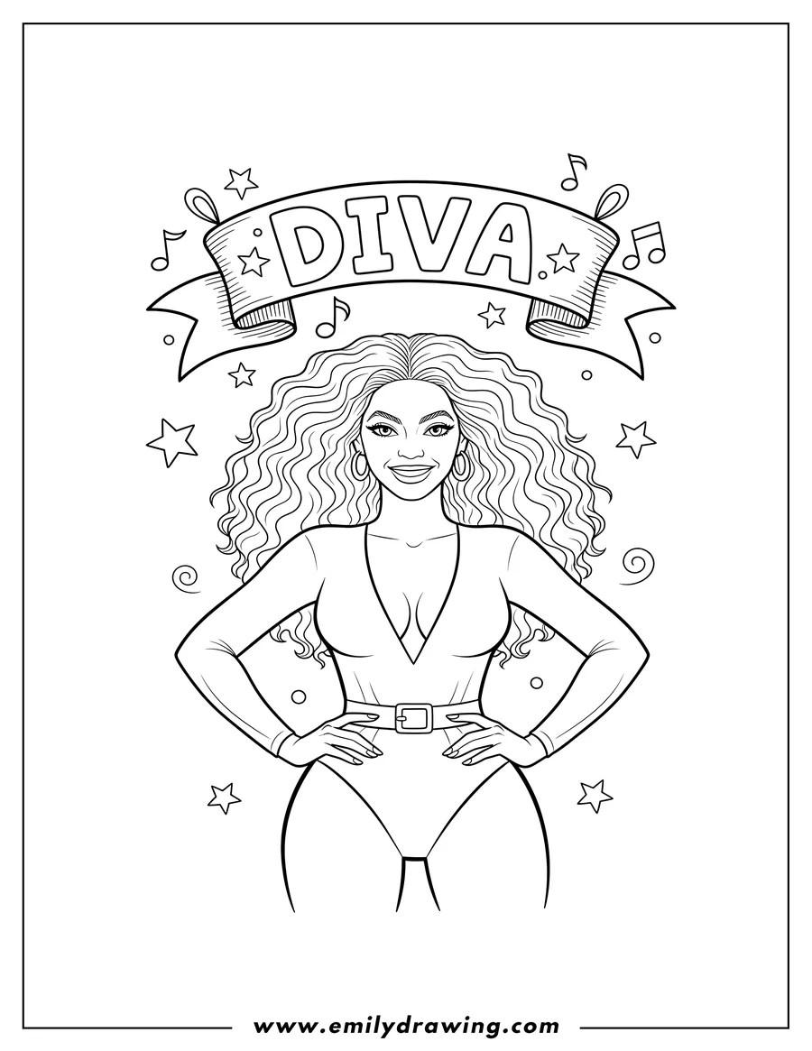Printable line art of fierce Beyonce smiling with hands on hips in a deep V-neck bodysuit under Diva Banner