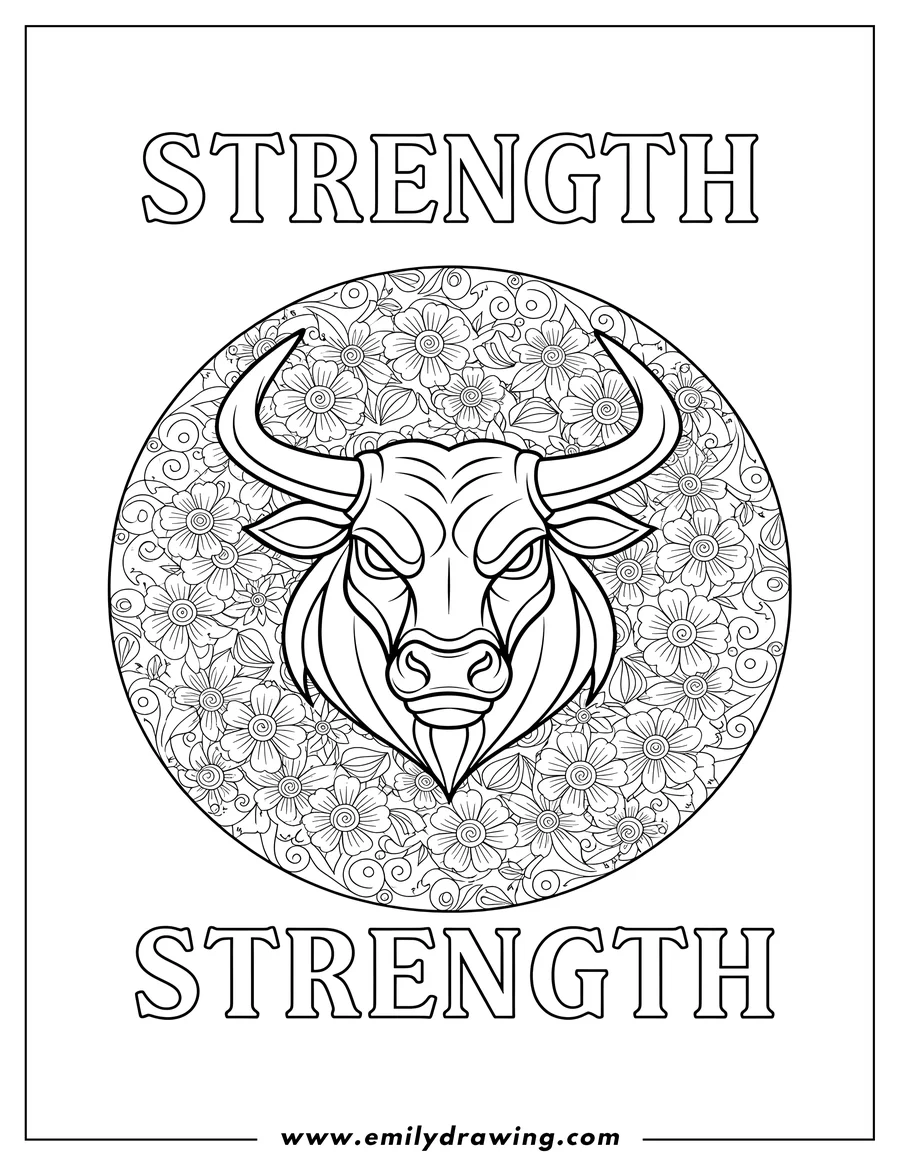 Free printable coloring sheet of fierce bull head in a circular floral mandala with 'STRENGTH' text above and below