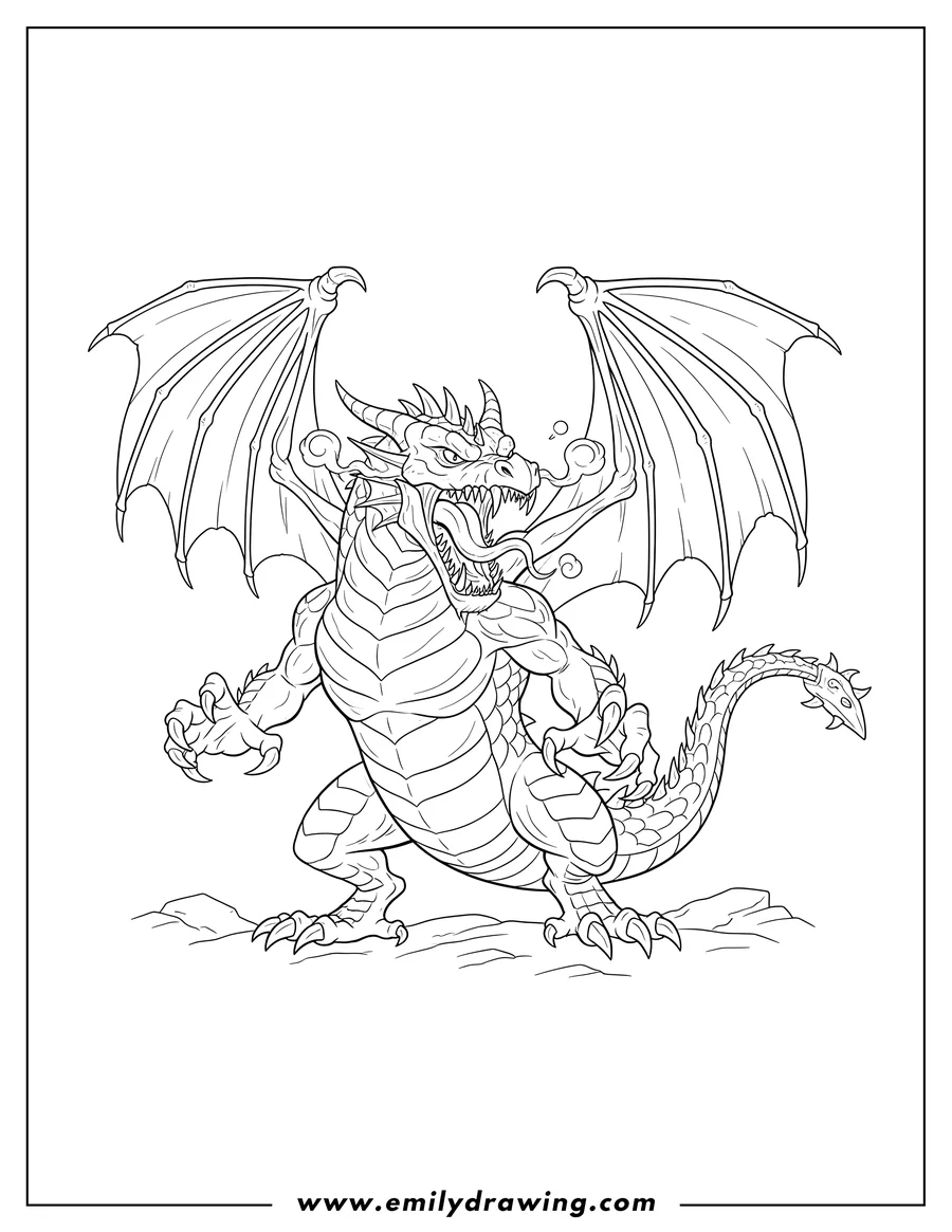 Printable line art of fierce Looking Dragon With Wings And Claws Out and Roaring