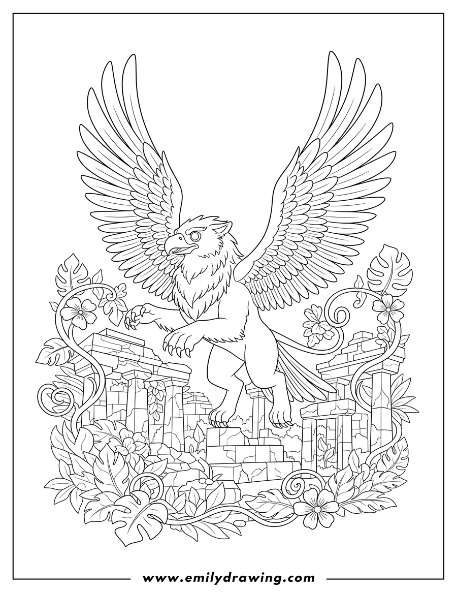 High quality printable fierce griffin with outstretched wings flying over ancient temples amidst jungle plants for coloring