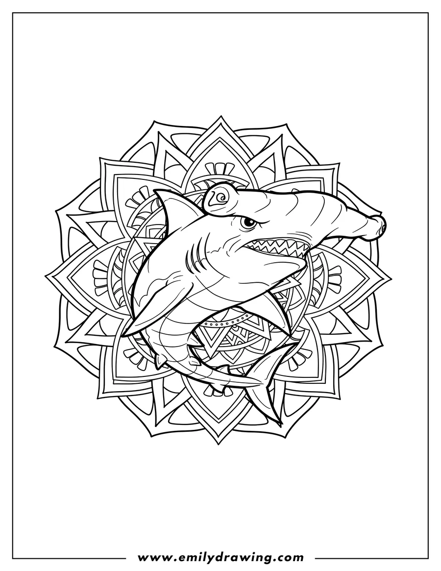 Downloadable coloring page of fierce cartoon hammerhead shark in a geometric mandala