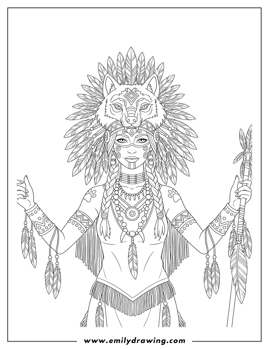 Simple sketch of fierce Native American Lady wearing a wolf head headdress, with face paint, feathers, necklaces, and decorated arms to color