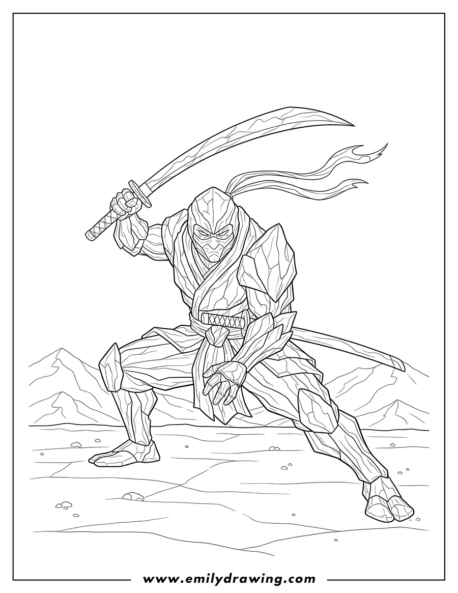 Vector style outline of fierce Ninja Mountains, crouched, with a raised katana
