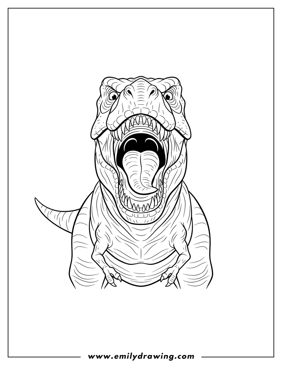 Doodle style coloring picture of front Facing View Fierce T-Rex Roaring with Mouth Wide Open