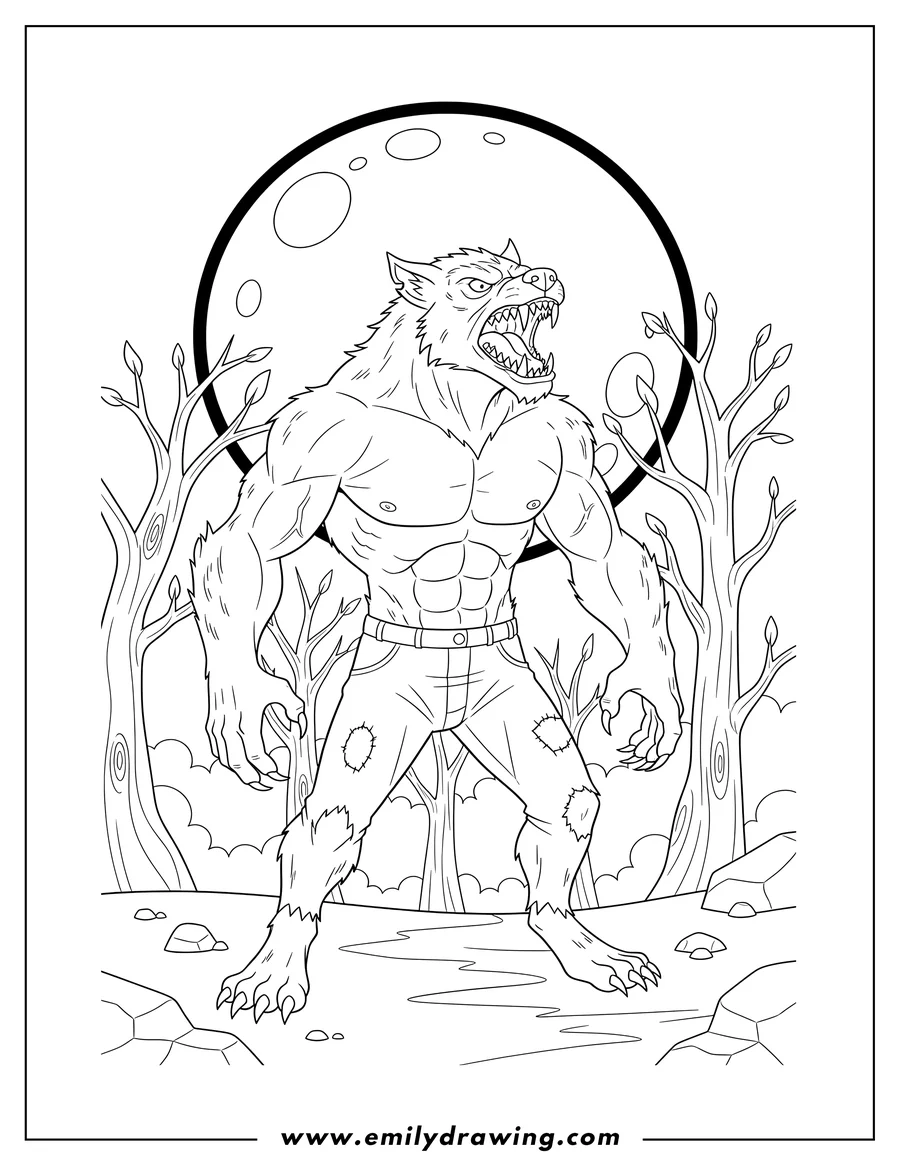 Printable coloring page of fierce Werewolf snarling with bared fangs, standing on two legs, under Full Moon Forest Clearing