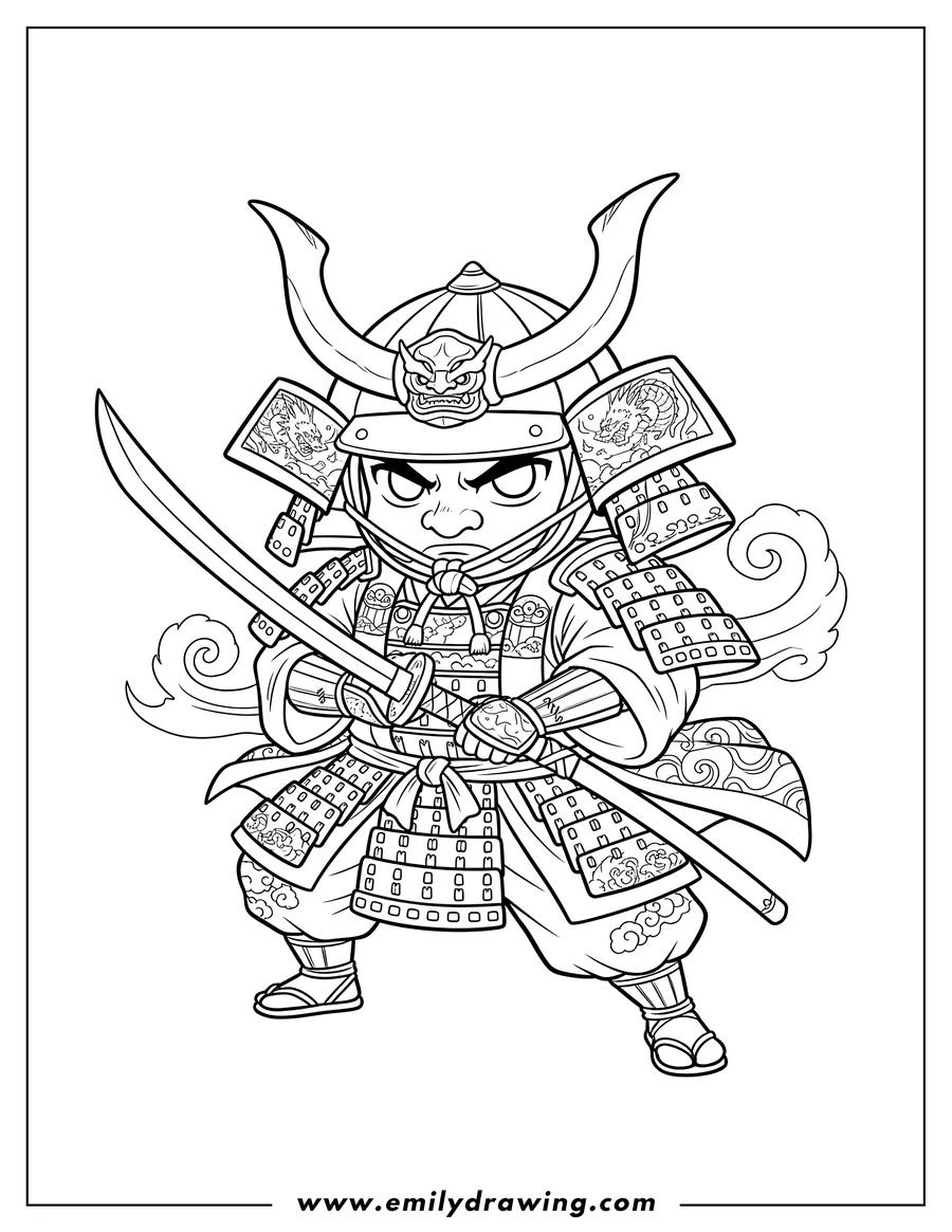 Coloring page for kids: fierce Young Chibi Samurai Battle Robes, wearing a samurai helmet