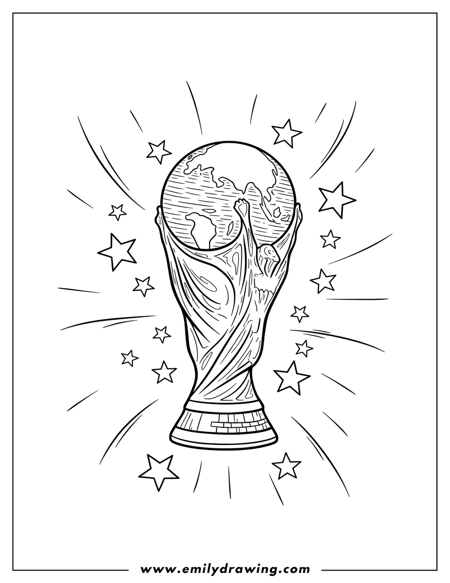 Full page coloring image of fifa World Cup Trophy with stars