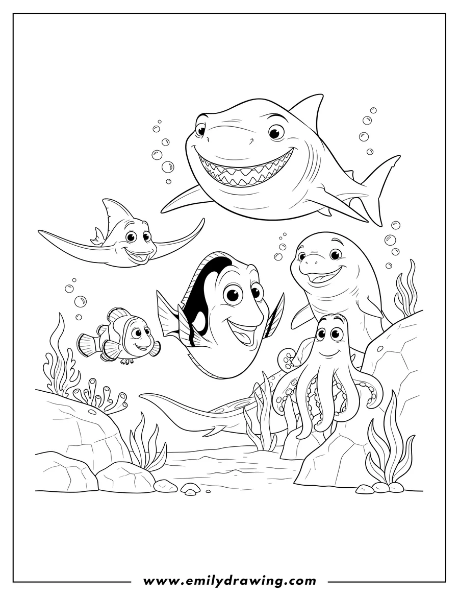 Free to print drawing of finding Dory with Marlin, Nemo, Bailey, smiling Bruce the shark, Hank the octopus, and Mr. Ray