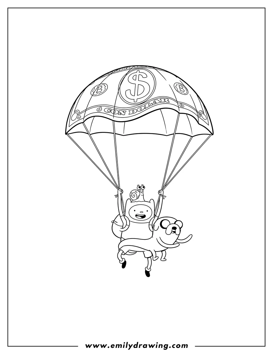 Vector style outline of cartoon Network Finn And Jake flying with a dollar bill parachute and snail