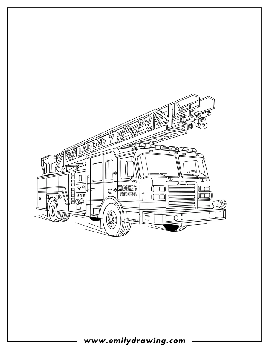 Free to print drawing of fire Truck With Ladder Scaled, driving, with 'LADDER 7' and 'FIRE DEPT' markings