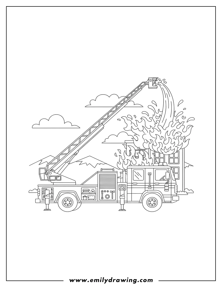 Downloadable coloring page of fire Truck With Large Extended Ladder spraying water from a nozzle at its end, putting out fire
