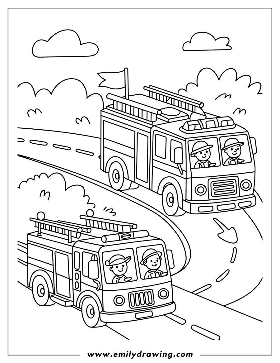 Outline of two fire trucks with firefighters driving on a winding road with clouds and bushes in the background.