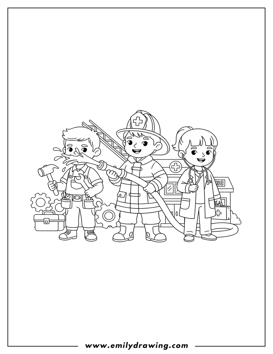 Outline drawing of easy community helper kids, featuring a firefighter holding a hose, a doctor, and a handyman with a hammer