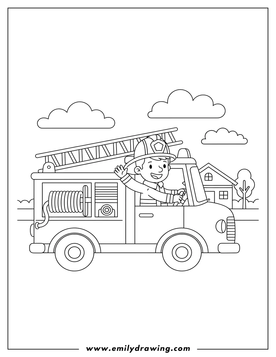 Clean line drawing: firefighter driving a simple fire truck