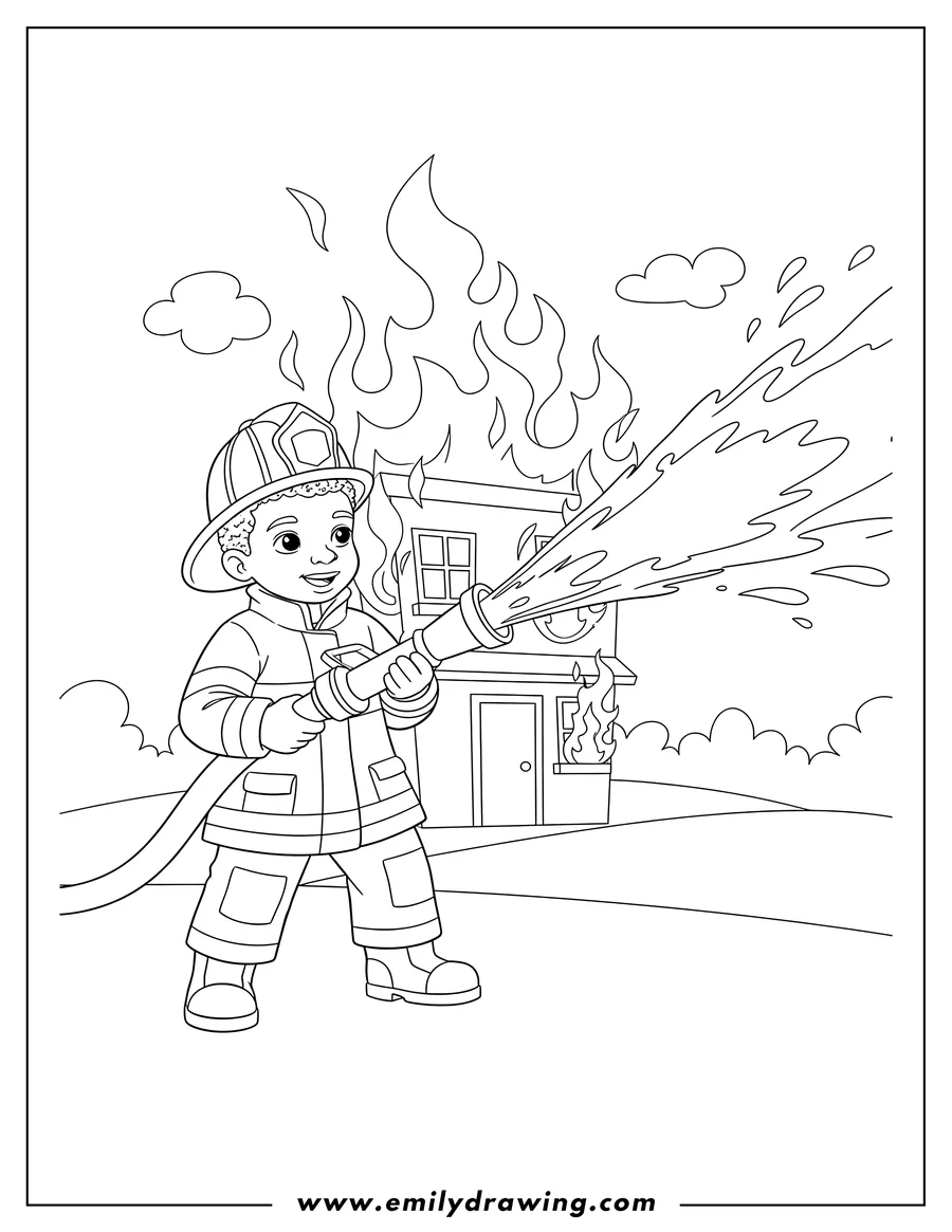 PDF style coloring page: young Black Firefighter in a helmet hosing down a burning building, holding a hose with two hands