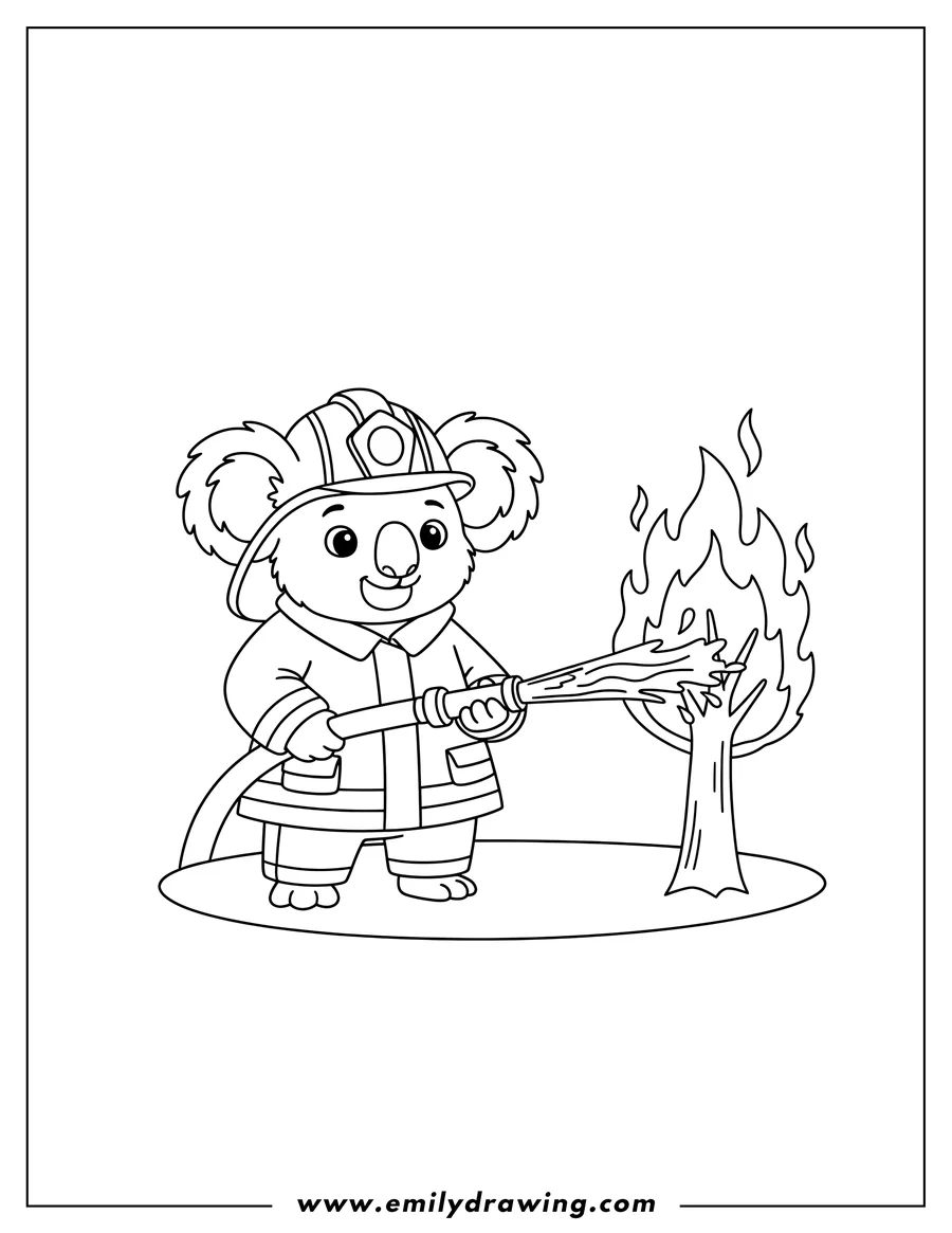 Coloring page of firefighter Koala in a helmet hosing down a tree fire