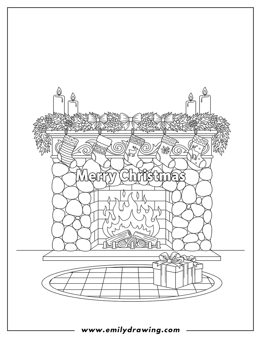Full page coloring image of christmas Fireplace with Garland, Stockings, Candles, Flames, and 'Merry Christmas' text