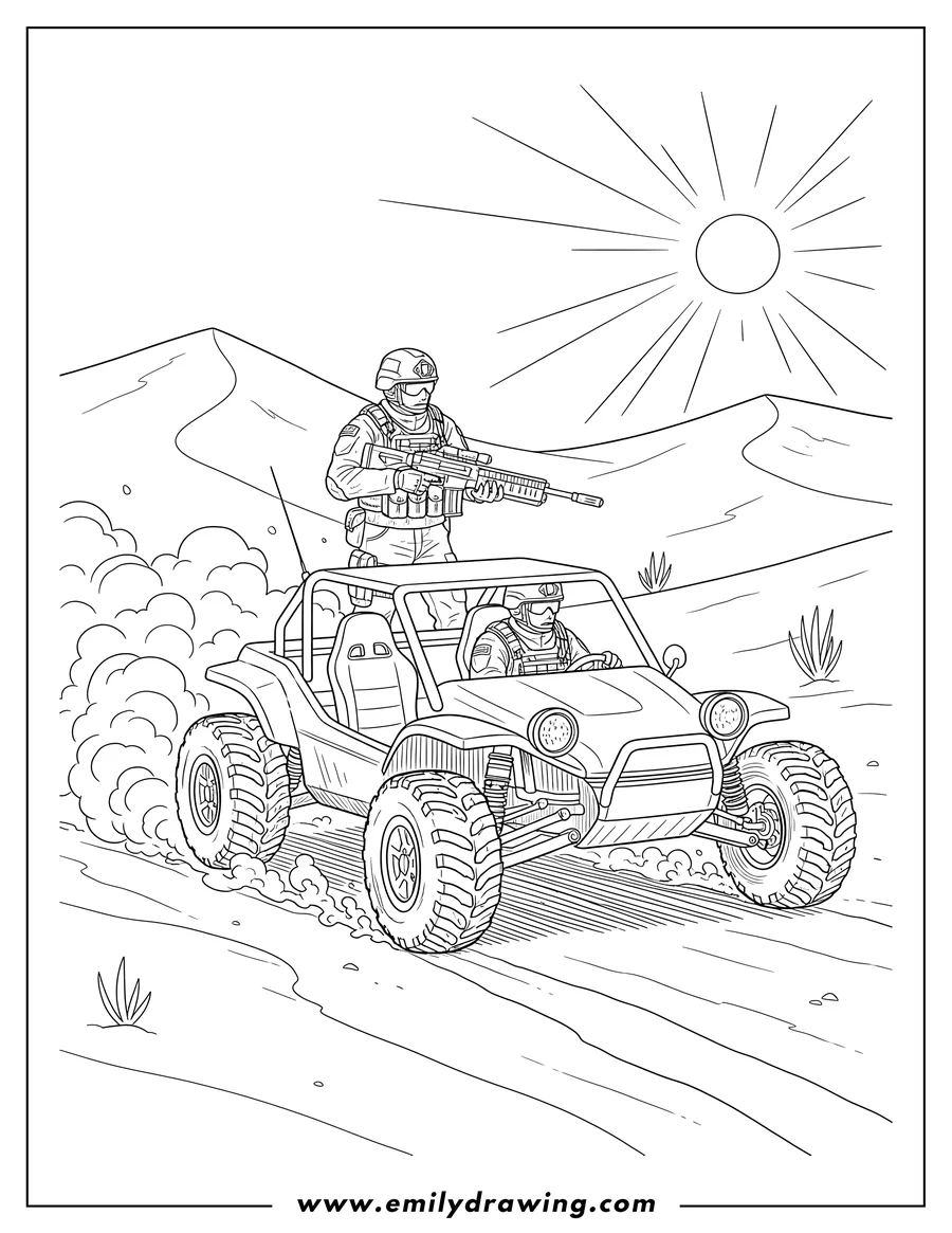 Linear illustration of call Duty Fireteam Desert: soldiers in a moving dune buggy, one standing with a rifle