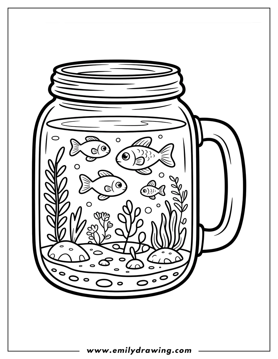 Line art of fish swimming in a mason jar terrarium with various aquatic plants and pebbles on the bottom.