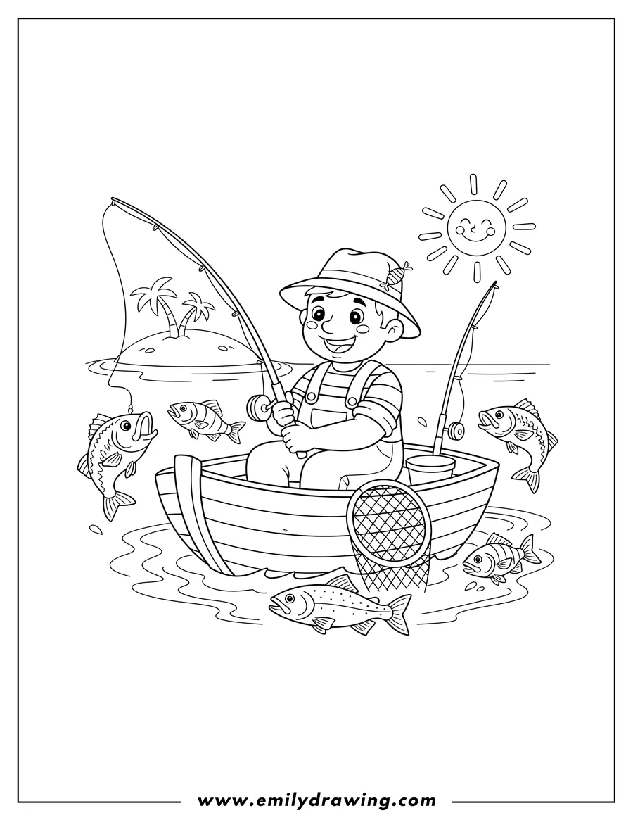 Coloring page for kids: A fisherman gone fishing in a boat, with rods, nets, bait bucket, and fish