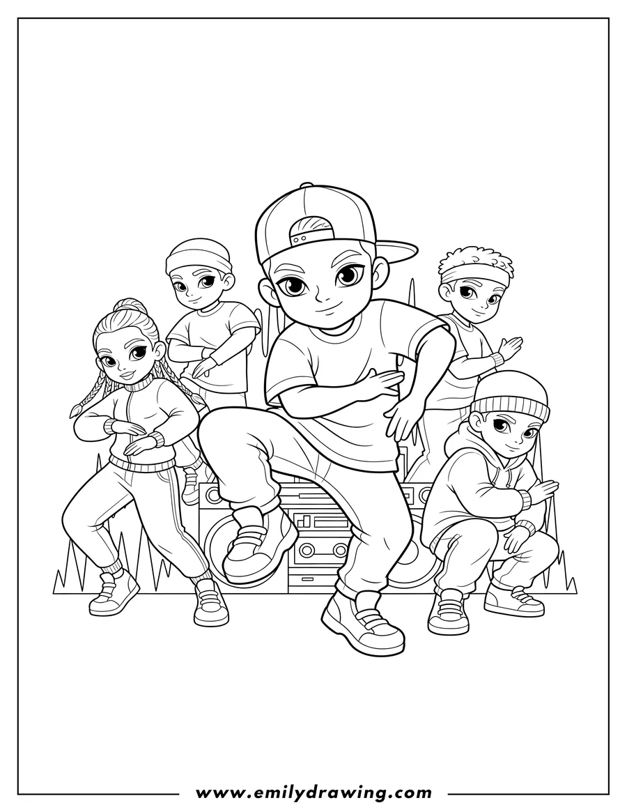 Printable coloring page of five Hip Hop Dancers Locking And Popping