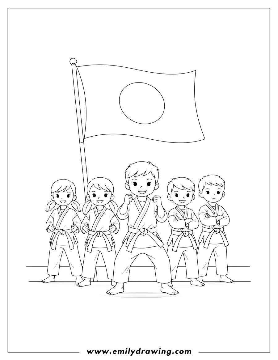 Black and white line art of five Karate Class Children Posing Proudly Under a Japanese Flag