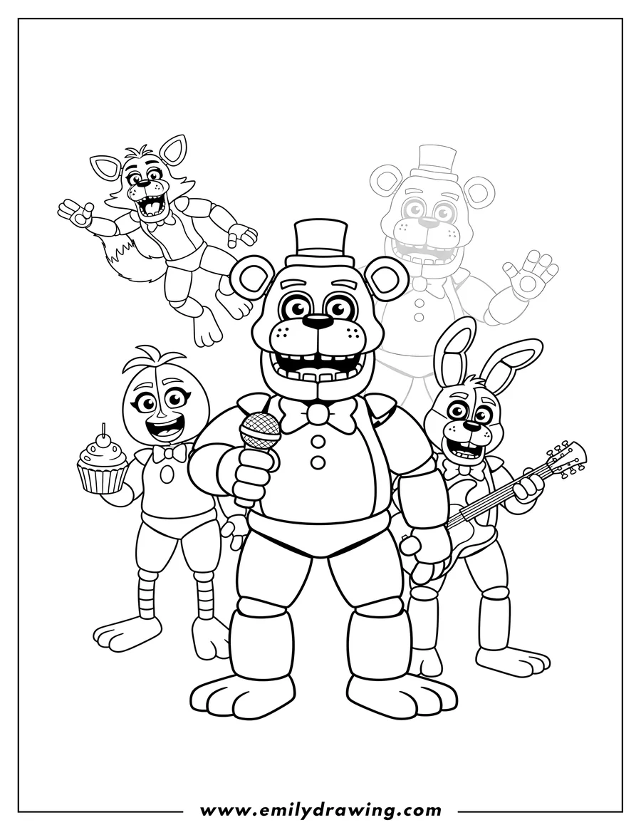 Full page coloring image of five Night At Freddy S Poster, multiple FNAF characters, Freddy holding a microphone