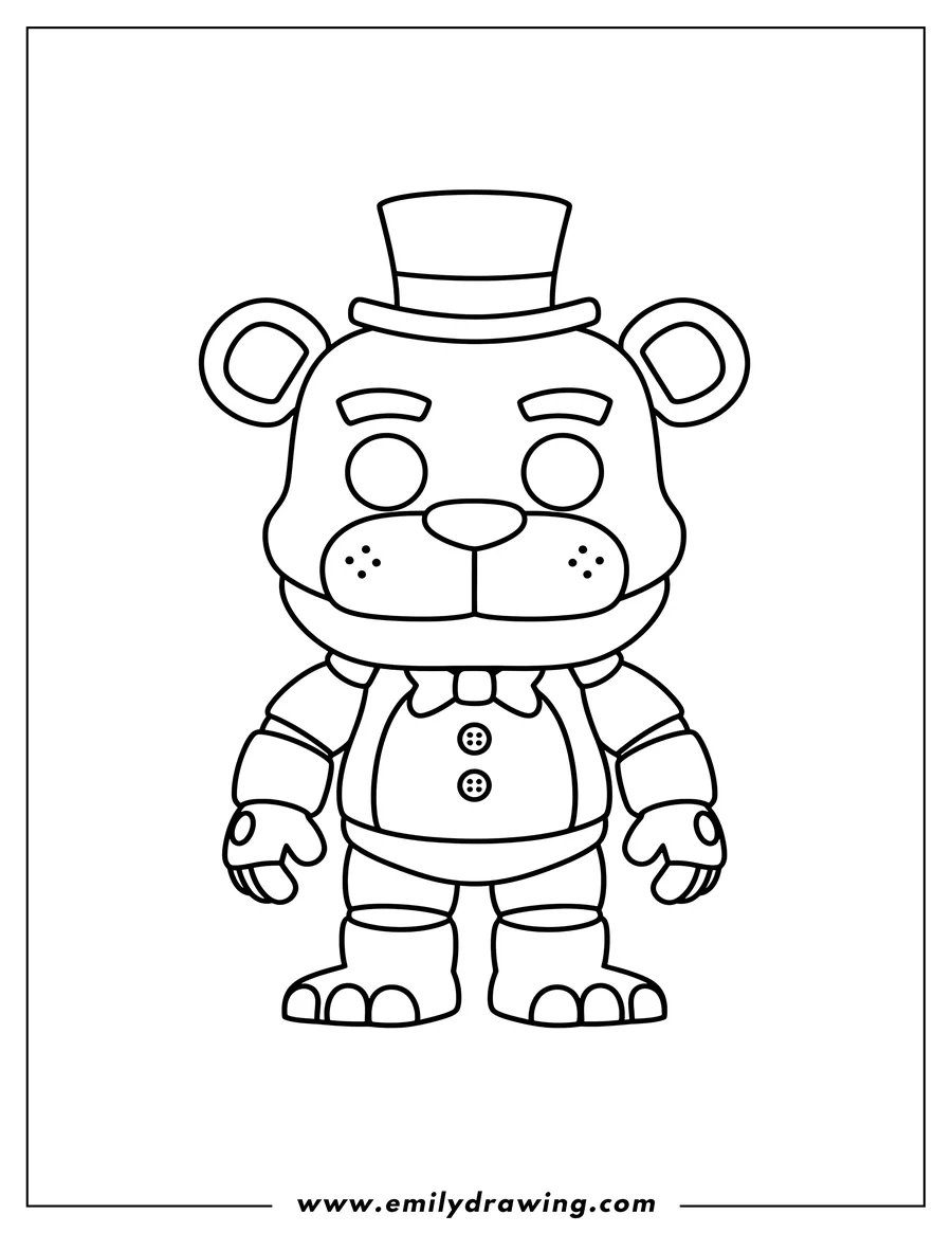 Outline drawing of five Nights At Freddy S Funko Pop, Freddy Fazbear standing, line art coloring page