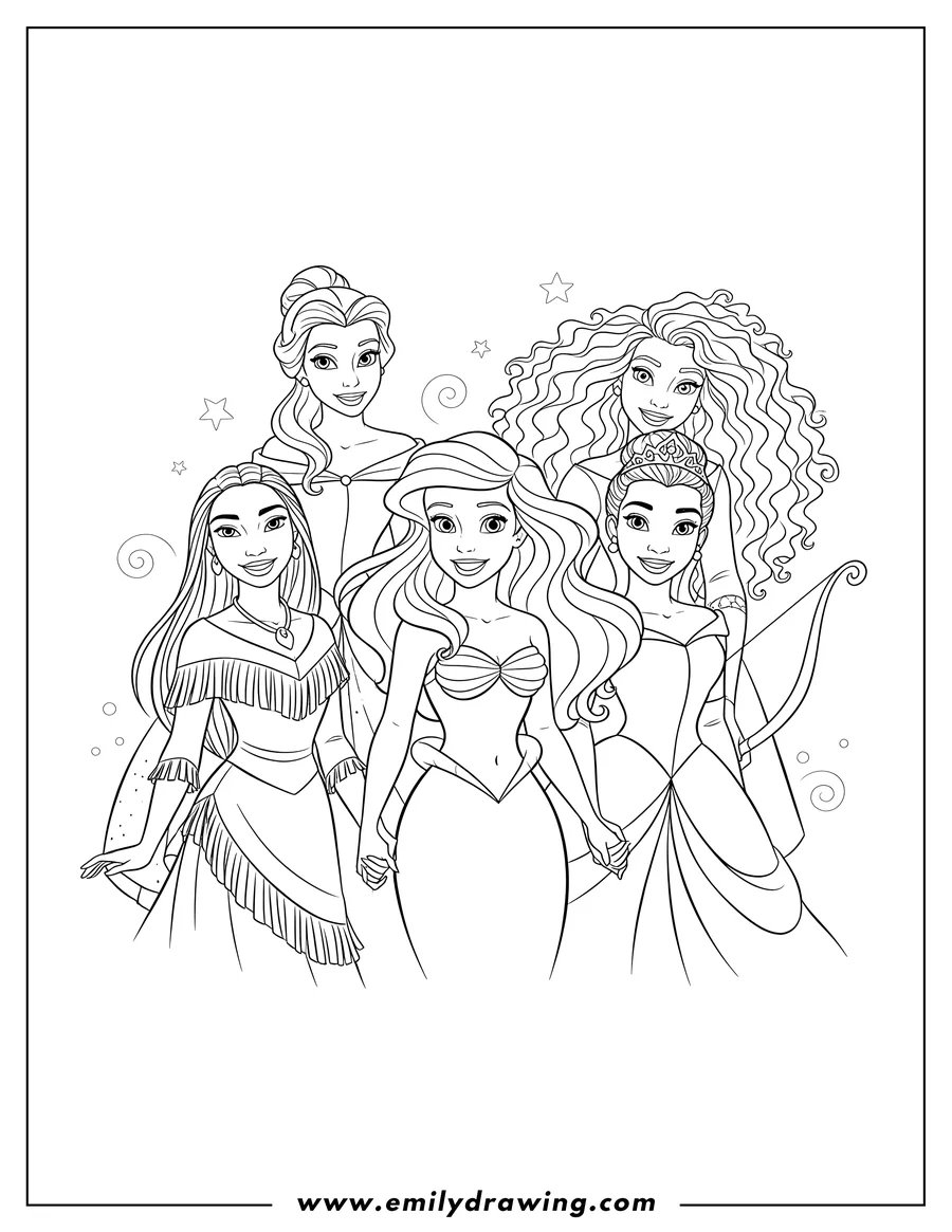 Vector style outline of princess Ariel, Pocahontas, Tiana, Belle, and Merida smiling together