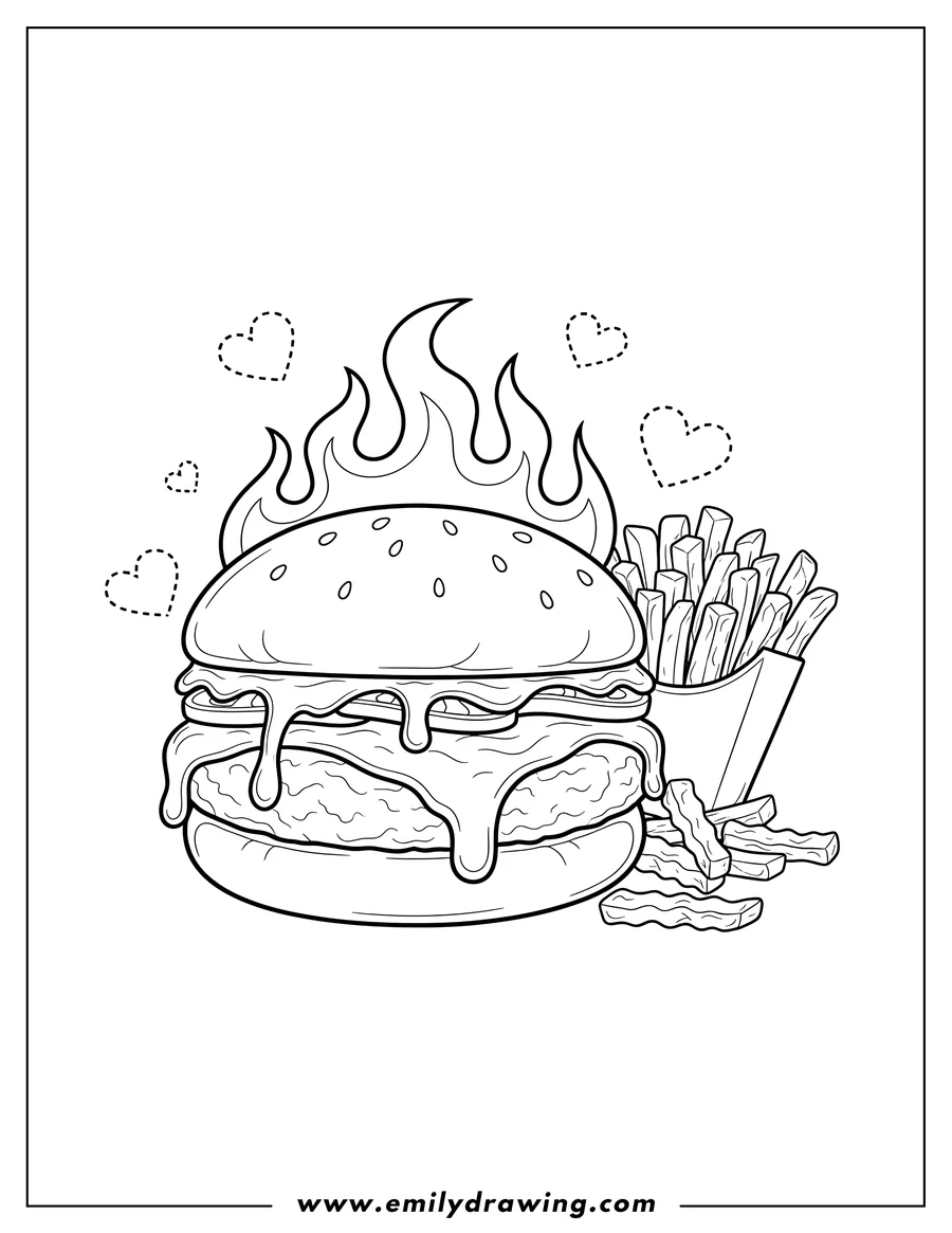 Downloadable coloring page of flaming Hot Burger with melting cheese and floating hearts, with Fries On Side