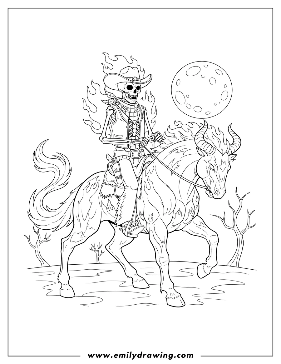 Vector style outline of flaming Skeleton Cowboy with a neckerchief riding a fierce demon steed