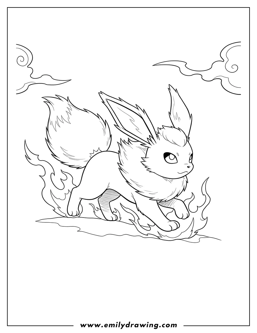 Doodle style coloring picture of flareon running through flames