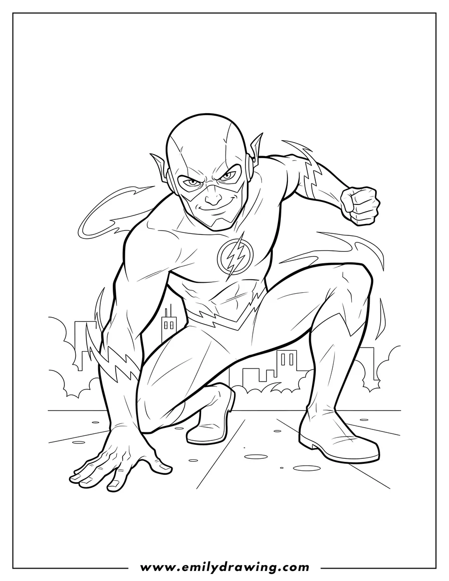 High quality printable mischievous Looking Flash crouching and ready to run, with one hand on the ground, to color for coloring