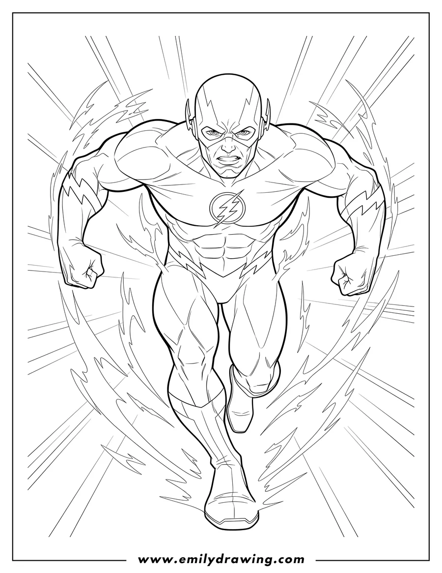 Printable line art of muscular Looking Flash leaning forward with an intense expression To Color