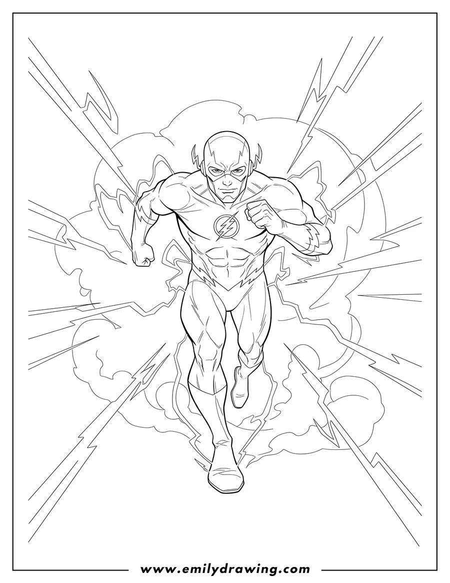 Clean line drawing: the Flash running forward in a dynamic pose with lightning bolts