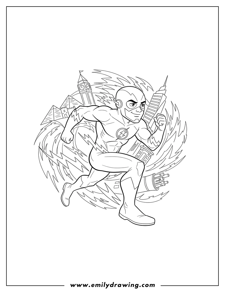 Downloadable coloring page of the Flash running with lightning through time