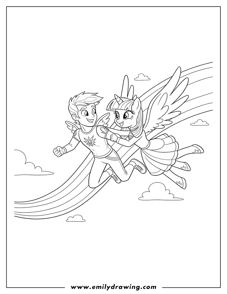 Outline drawing of flash Sentry And Twilight Sparkle flying together on a rainbow trail, smiling at each other