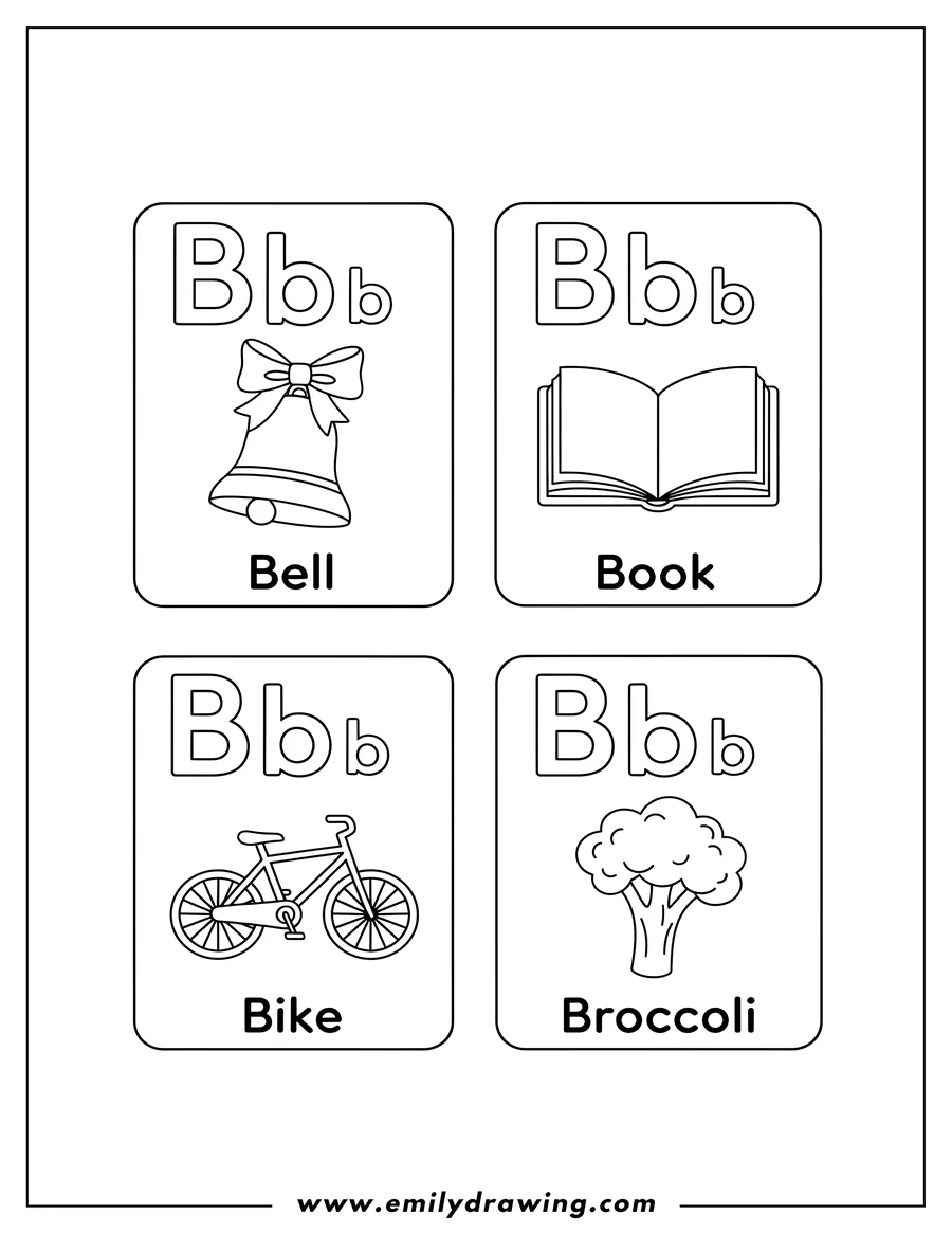 Free to print drawing of letter B flashcards for coloring, featuring uppercase and lowercase 'Bb' and word labels, with a bell, an open book, a bike, and broccoli