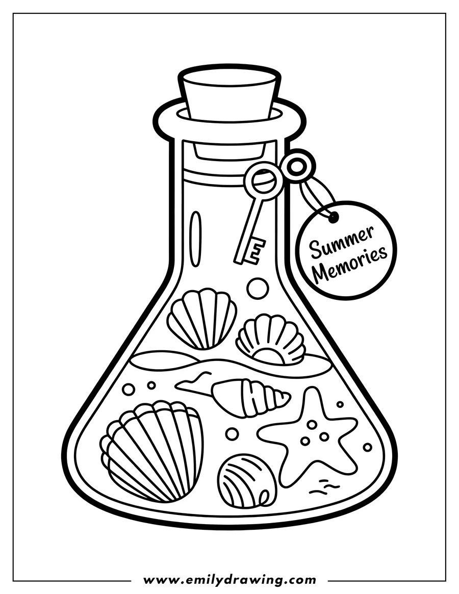 Line art of a flask filled with various seashells, a starfish, and a key, with a tag that says 'Summer Memories' hanging from its neck.
