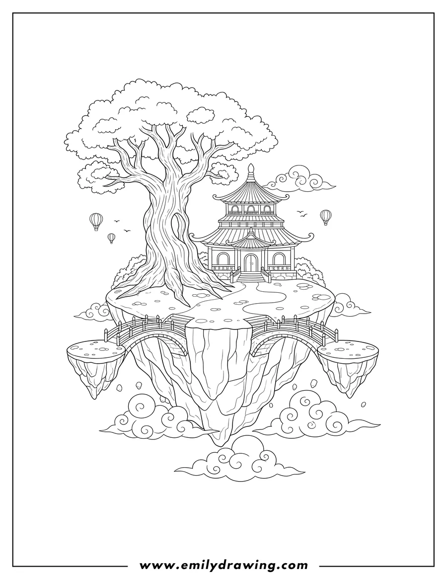 PDF style coloring page: floating fantasy island with a pagoda-like building and a giant tree, connected by bridges