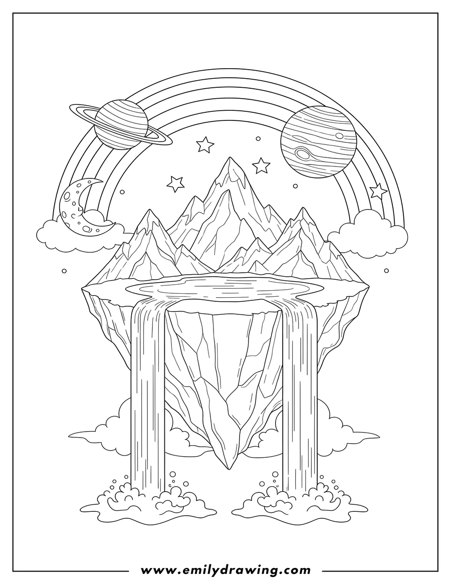 Coloring sheet featuring A floating fantasy island with rugged mountains and a lake forming waterfalls, under a sky with a rainbow, planets, and stars