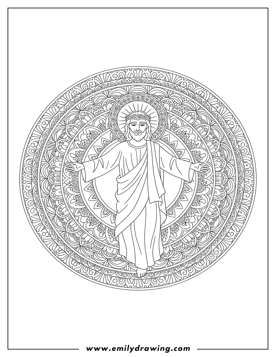 PDF style coloring page: floating Jesus with outstretched arms and halo at the center of a mandala